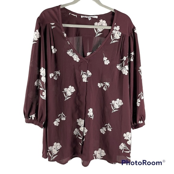 Collective Concepts Tops - COLLECTIVE Concepts 3/4 Length Sleeve Brown Blouse with White Flowers